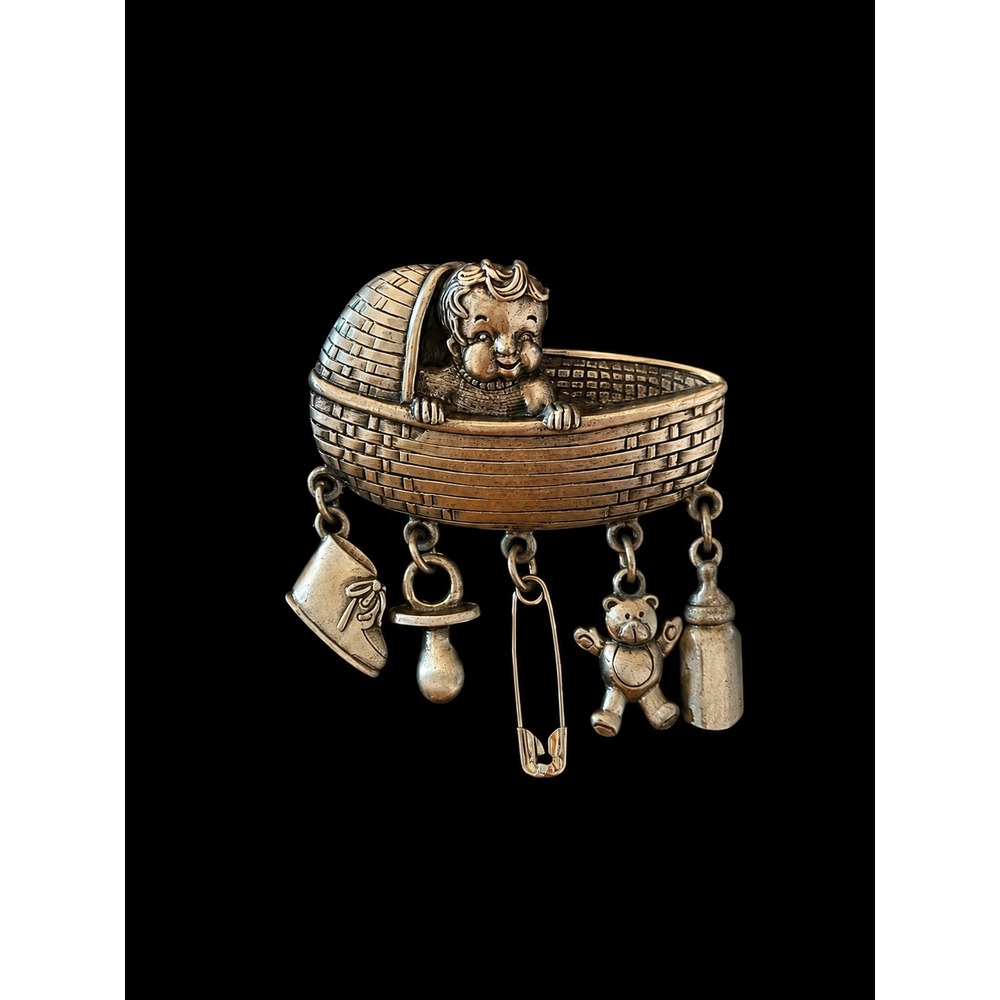 Vintage JJ Jonette Baby Carriage Brooch Dangling Charms Silver Tone Figural Pin